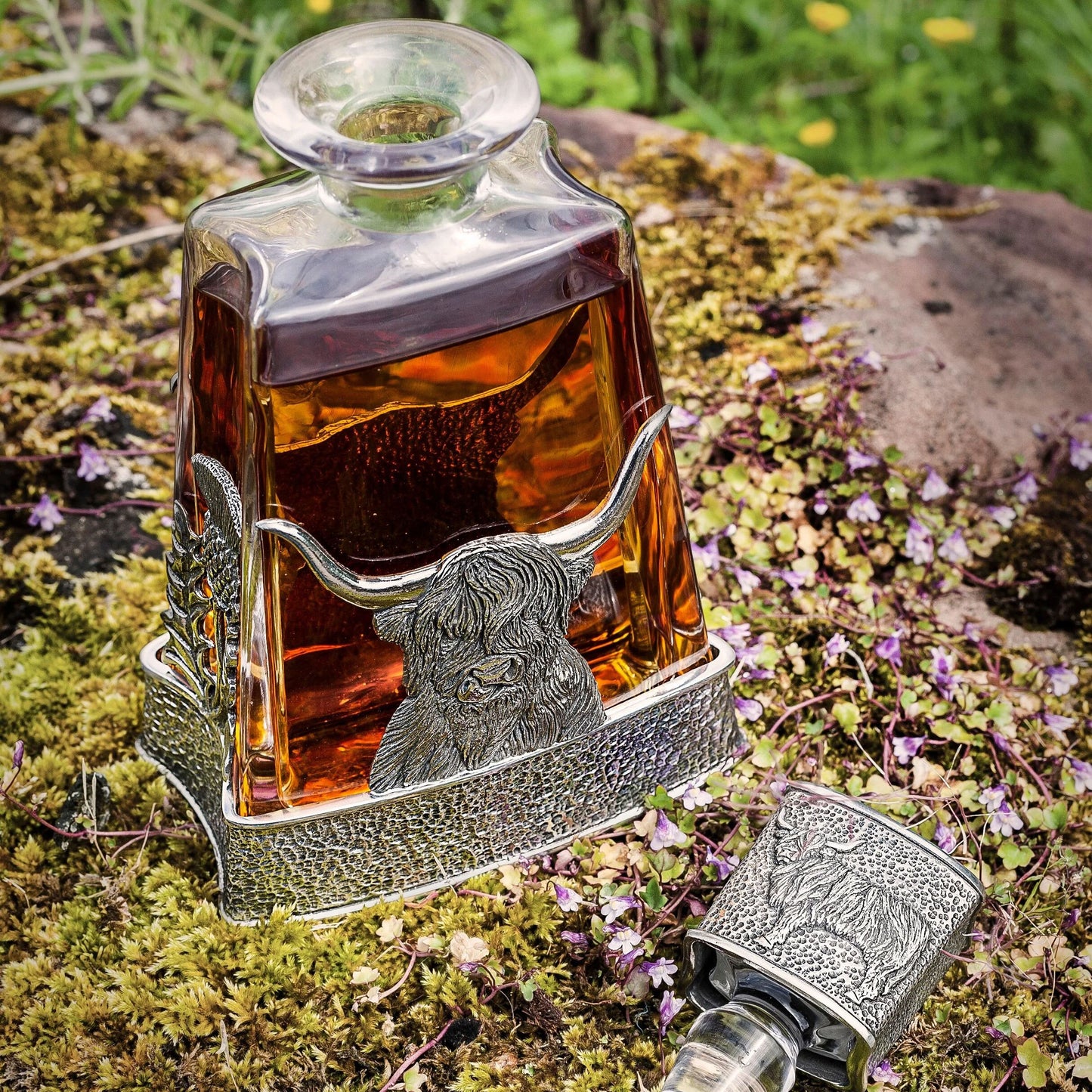 Highland Cow Pewter and Crystal Decanter