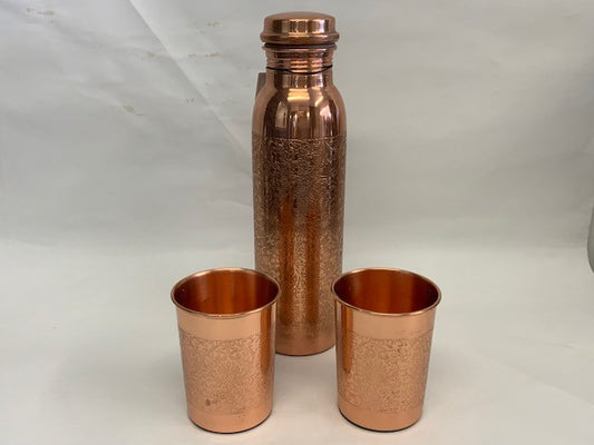 Radiant Etched Bottle 950mls & 2 Copper Cups 250ml each - Set